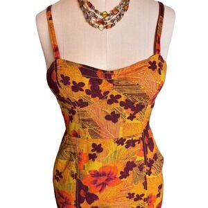 Free People Mini Dress Womens 4 Orange Floral Excellent Tropical Cutout Pocket